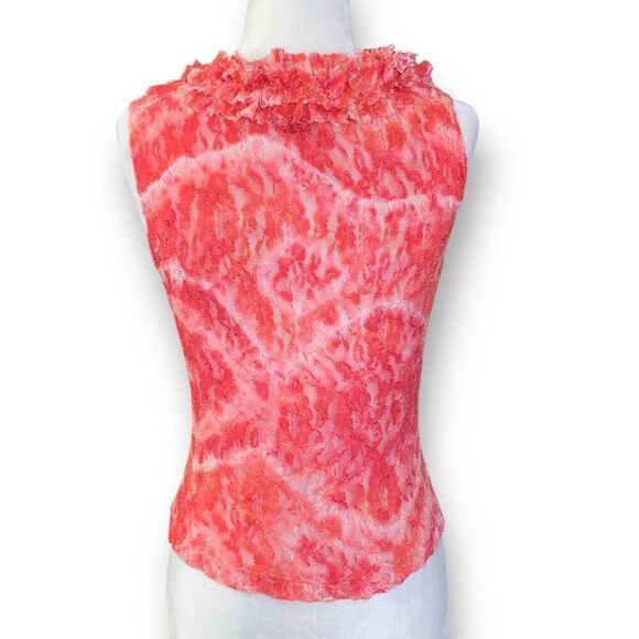 Vintage Sheer Blouse Sleeveless Ruffled Plunge Neck  Nylon Red Floral Lace Top - Picture 2 of 8